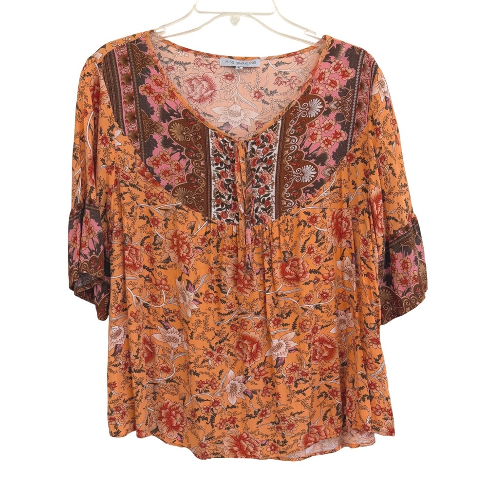 Miss Sparkling Orange Floral Boho Hippie Viscose Blouse XL Tie Neck Short Sleeve